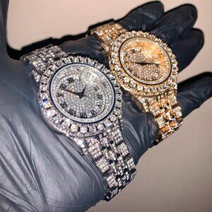 18k Gold/White Gold Mens Iced CZ Diamond Roman Numerals Hiphop Luxury Watch